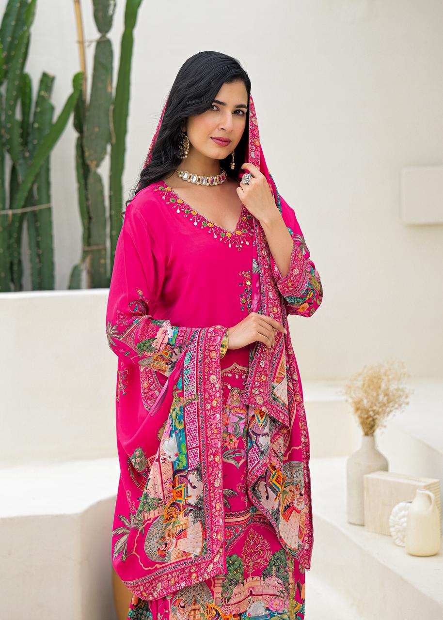 Fuchsia Party Wear Crepe Suit