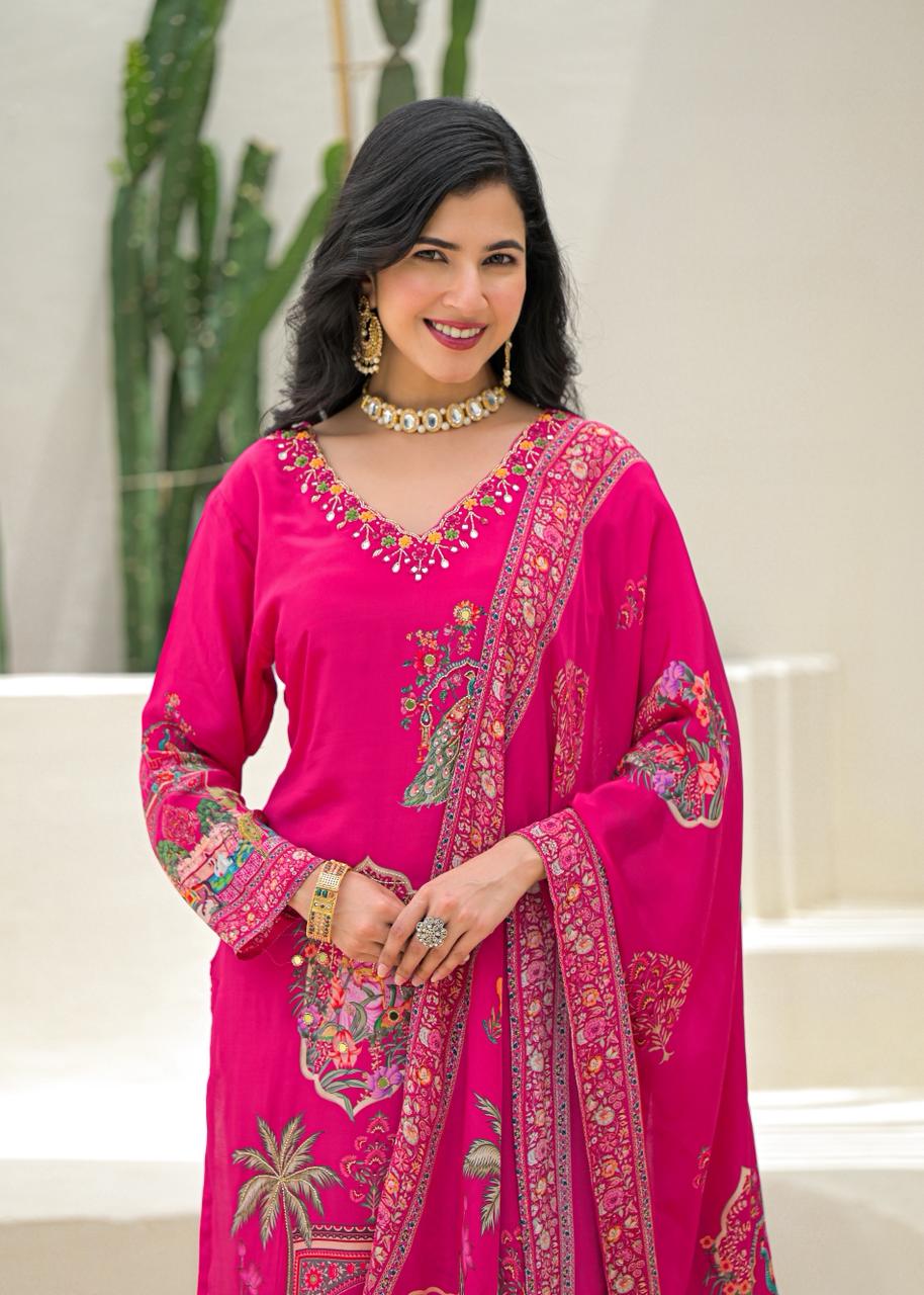 Fuchsia Party Wear Crepe Suit