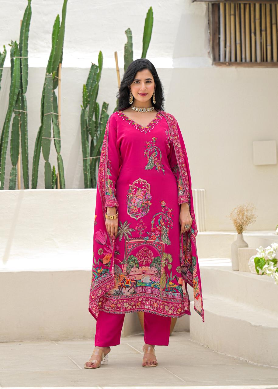 Fuchsia Party Wear Crepe Suit