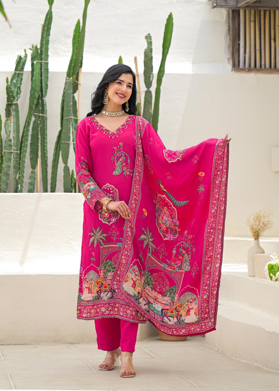 Fuchsia Party Wear Crepe Suit