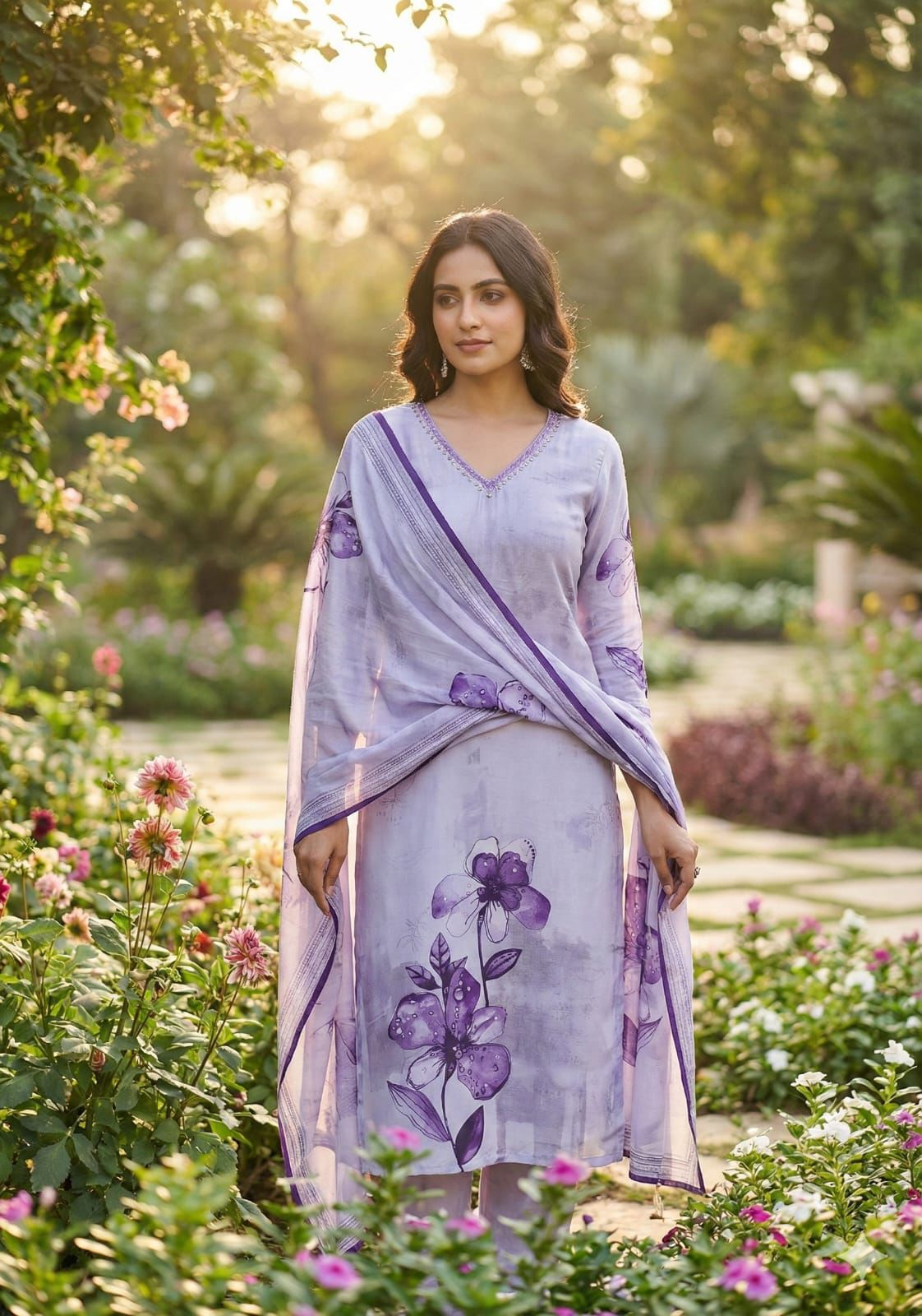 Lavender Muslin Printed Suit Set