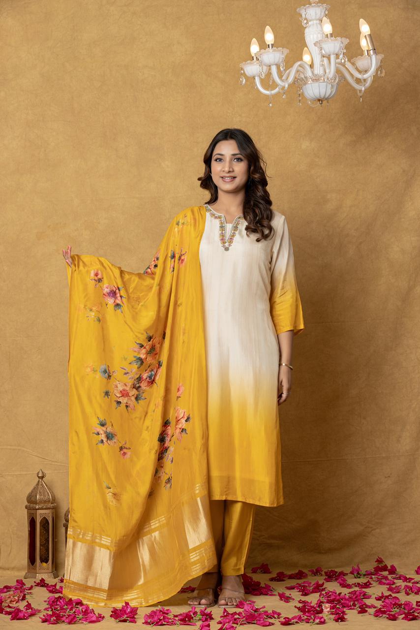 Ivory–Mustard Ombré Tissue Suit Set