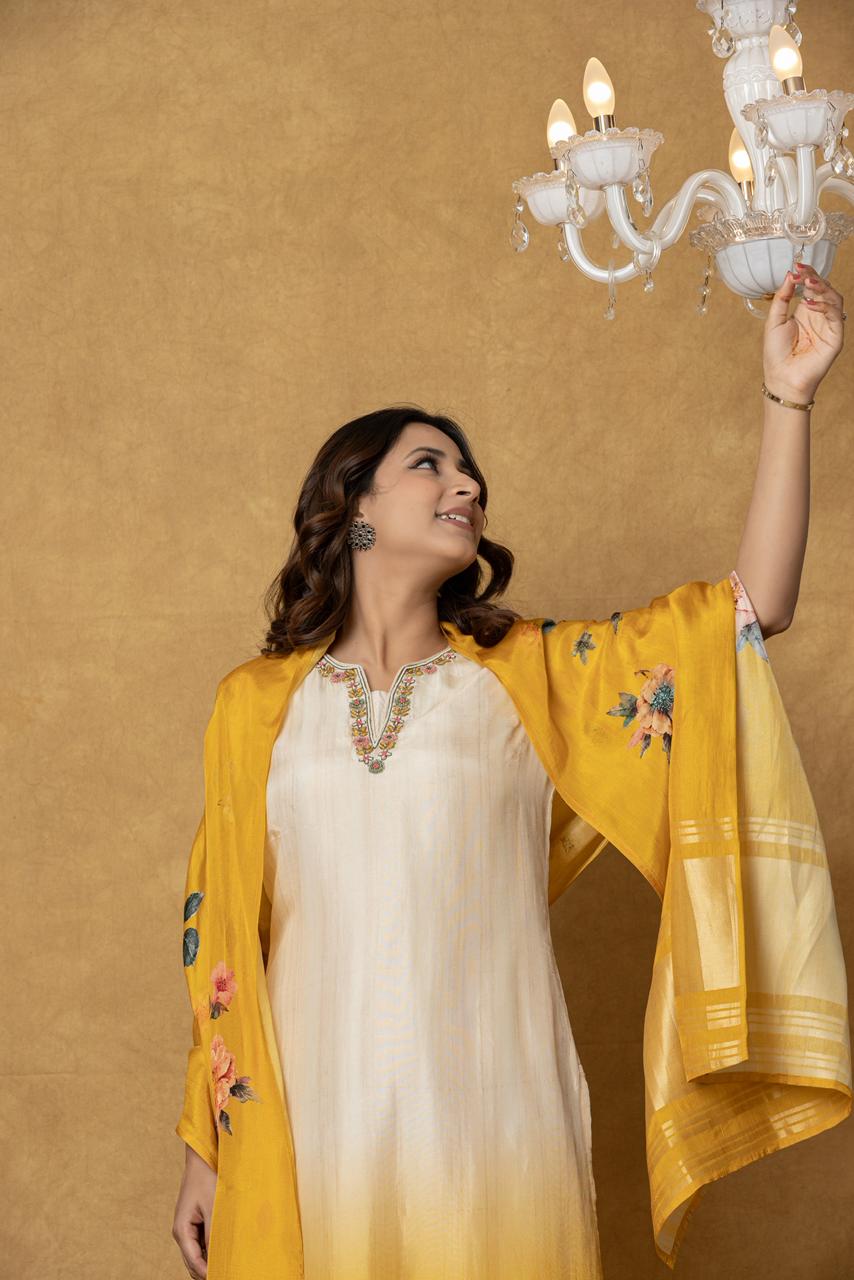 Ivory–Mustard Ombré Tissue Suit Set