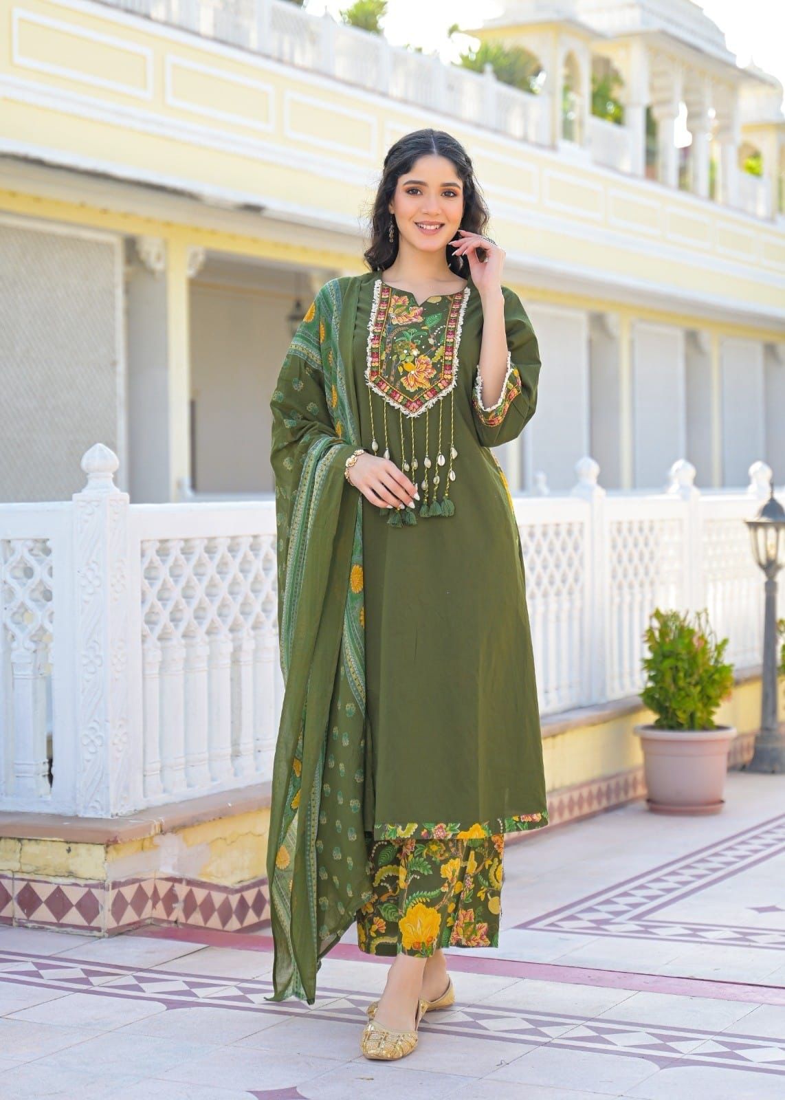 Olive Green Cotton Suit Set